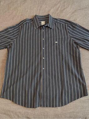 Lacoste Men's Navy and White Vertical Stripe Button-Down Shirt
